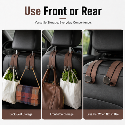Leather Car Seat Headrest Hooks – Double Metal Purse & Bag Hangers